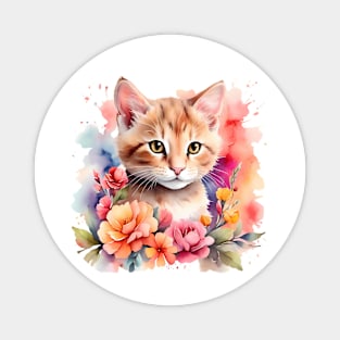 A cat decorated with beautiful colorful flowers in a watercolor illustration. Magnet